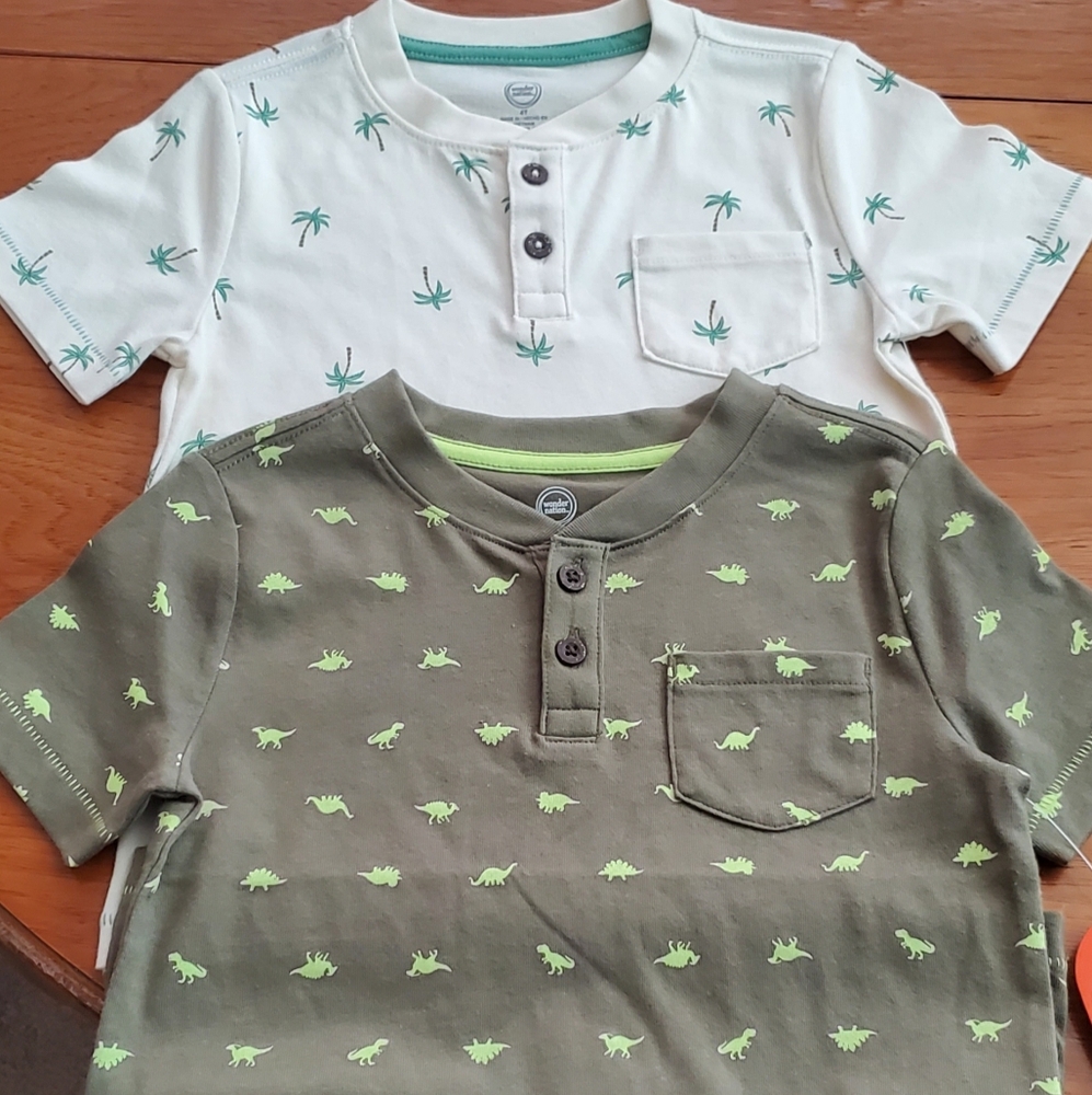 Wonder Nation Kids Palm Tree & Dinosaur Print Shirts - Cream & Green, Sz 4T NWT